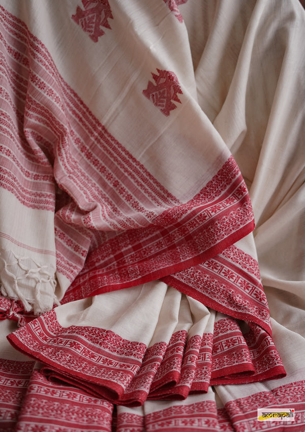 Handwoven Pure Mercerised Cotton with Manipuri Pattern Threadwork - White