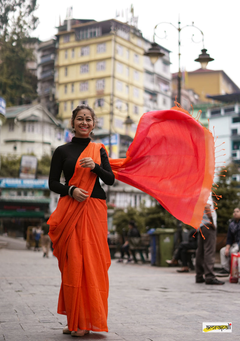 Orange Handloom Cotton with Kantha Inspired Weave