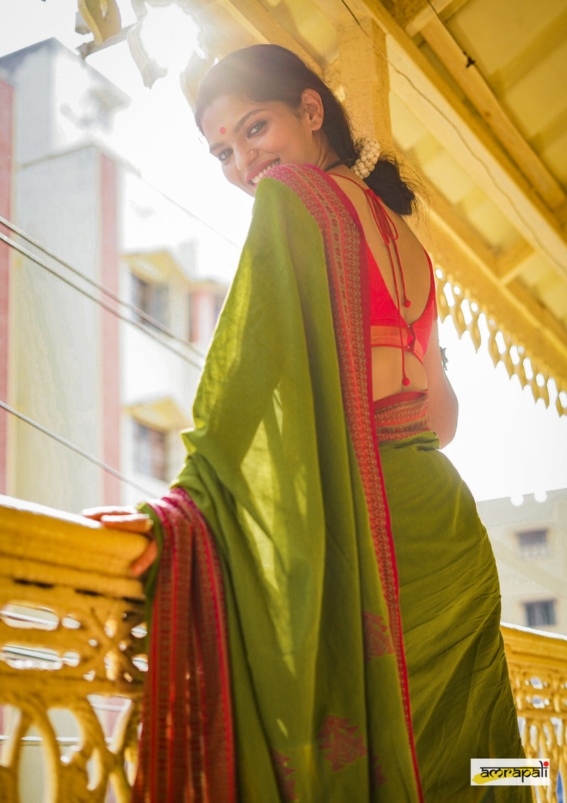 Handwoven Pure Mercerised Cotton with Manipuri Pattern Threadwork - Green