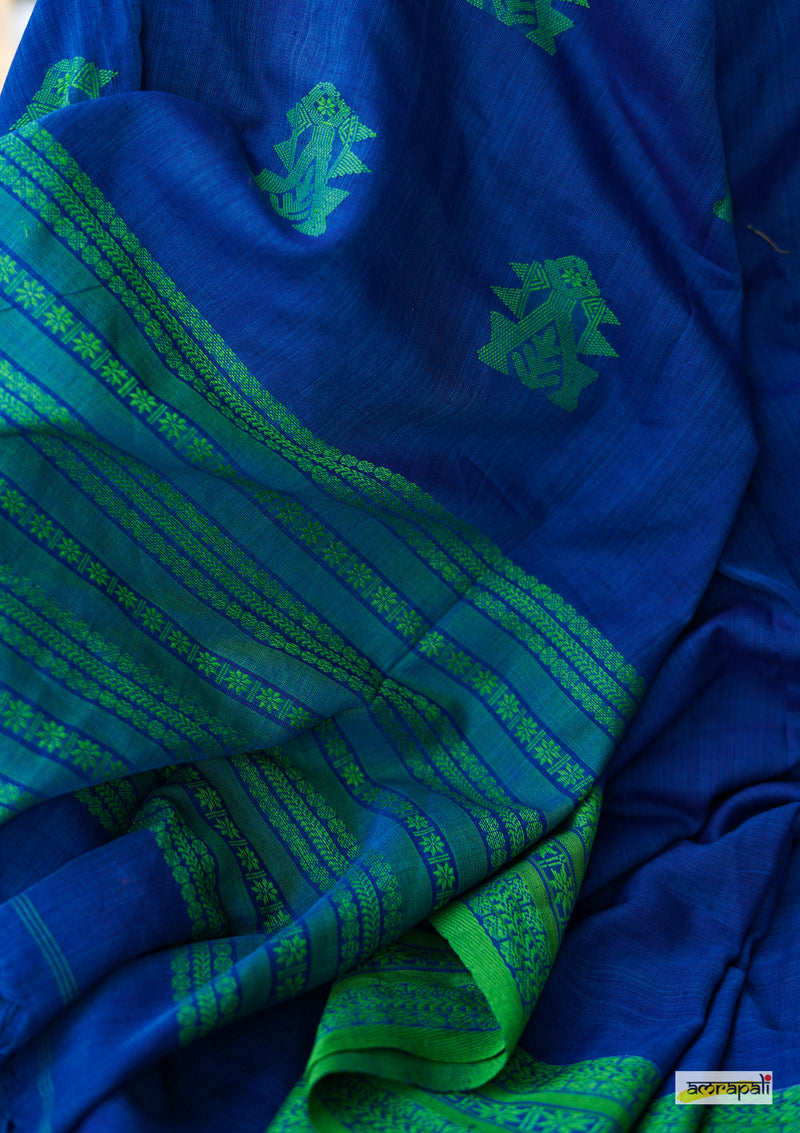 Handwoven Pure Mercerised Cotton with Manipuri Pattern Threadwork - Royal Blue