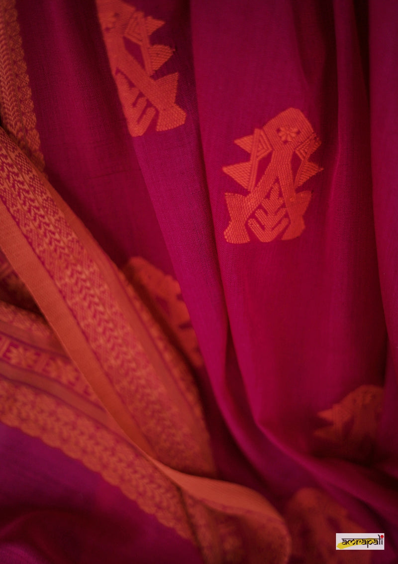 Handwoven Pure Mercerised Cotton with Manipuri Pattern Threadwork - Pink