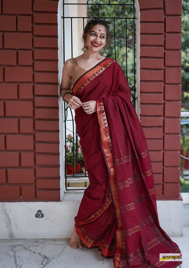 Maroon Cotton saree with Woven Gold Temple Border