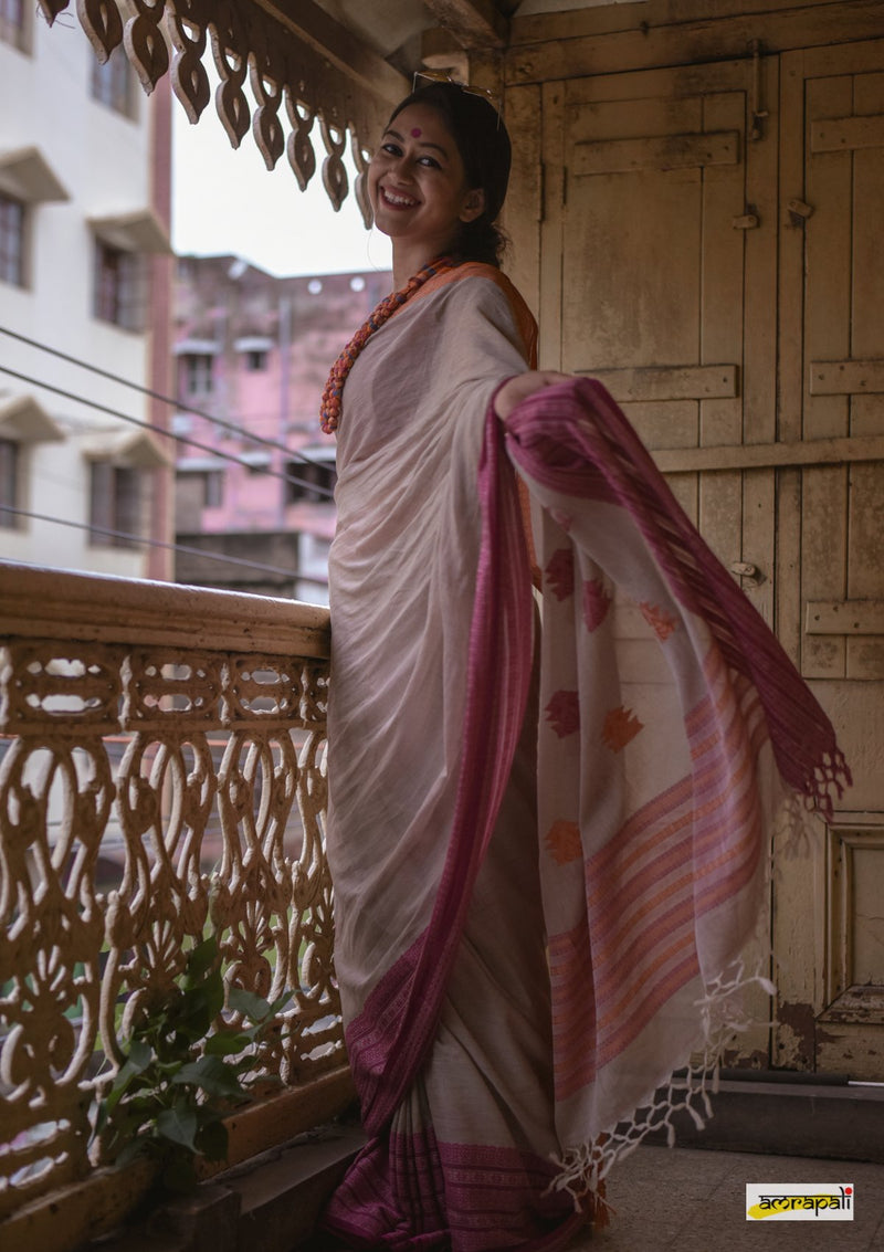 Handwoven Pure Mercerised Cotton with Manipuri Pattern Threadwork - Greige