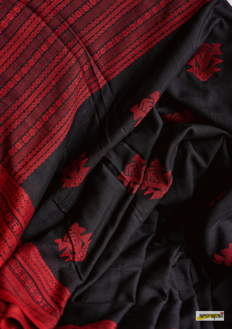 Handwoven Pure Mercerised Cotton with Manipuri Pattern Threadwork - Black