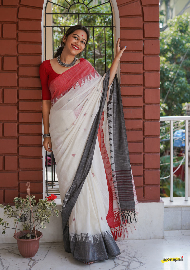 Pure Handloom Cotton Jamdani with Temple Border