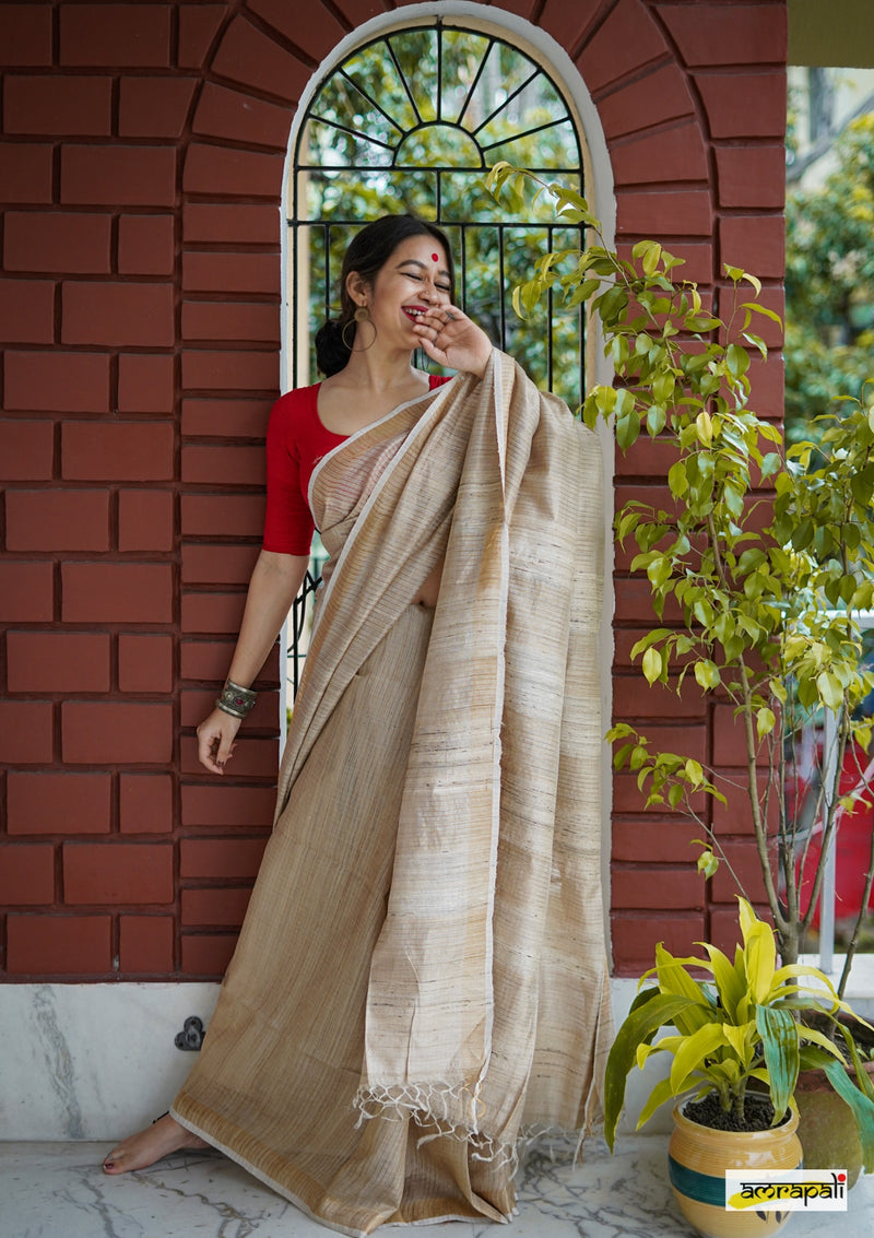 Pure Tussar with Gold Zari Pinstripes