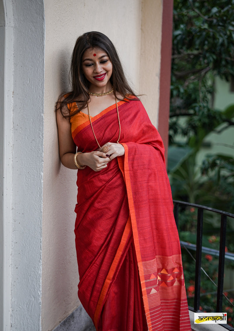 Handwoven Matka Tussar Jamdani with Spun Silk Palla