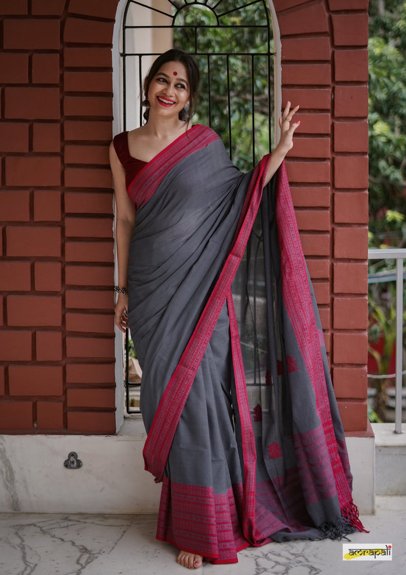 Handwoven Pure Mercerised Cotton with Manipuri Pattern Threadwork - Charcoal grey