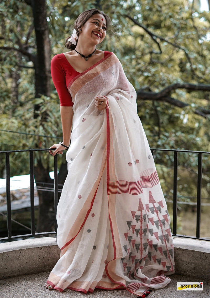Pure Linen with Polka Buti and Tree Motif