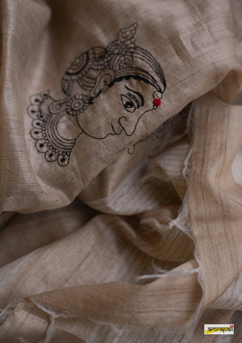Handwoven Pure Tussar with Embroidered Kalamkari Face Motifs