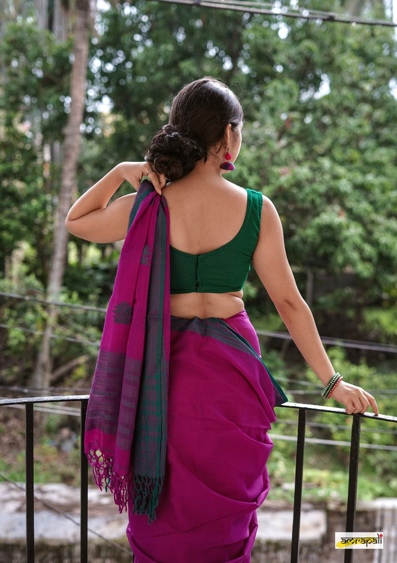 Handwoven Pure Mercerised Cotton with Manipuri Pattern Threadwork - Magenta