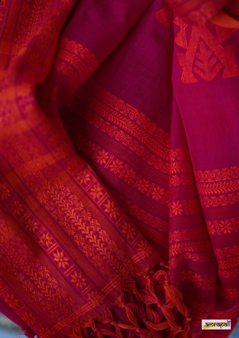 Handwoven Pure Mercerised Cotton with Manipuri Pattern Threadwork - Pink