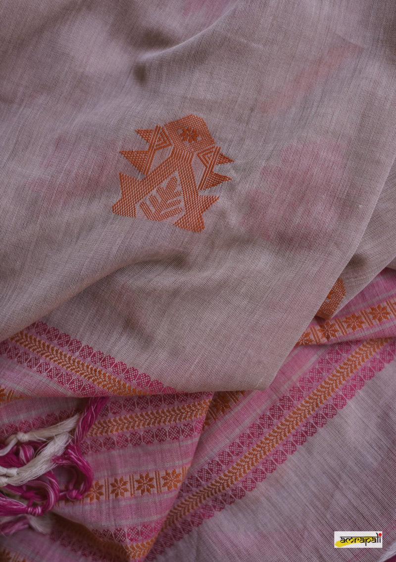Handwoven Pure Mercerised Cotton with Manipuri Pattern Threadwork - Greige