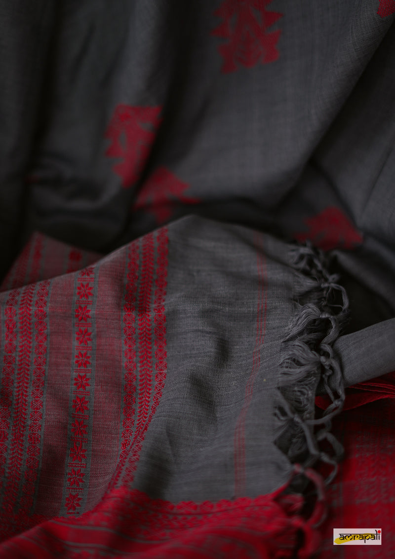 Handwoven Pure Mercerised Cotton with Manipuri Pattern Threadwork - Charcoal grey