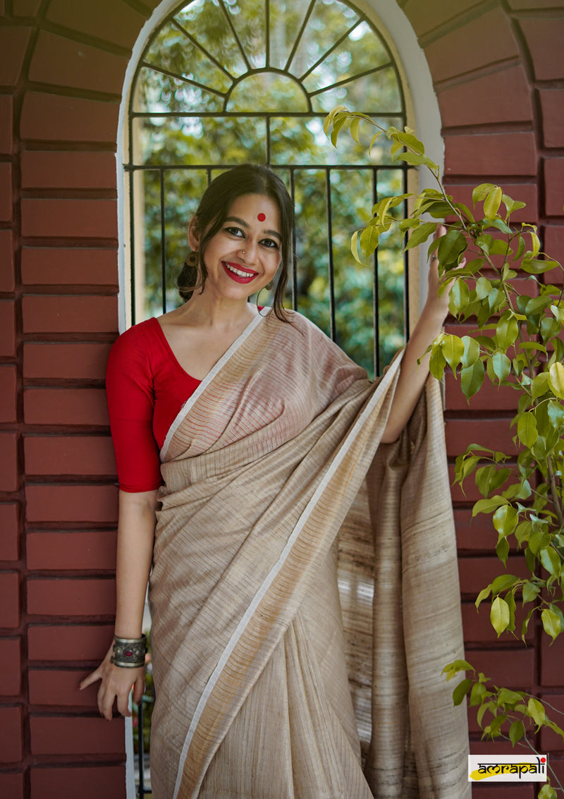 Pure Tussar with Gold Zari Pinstripes