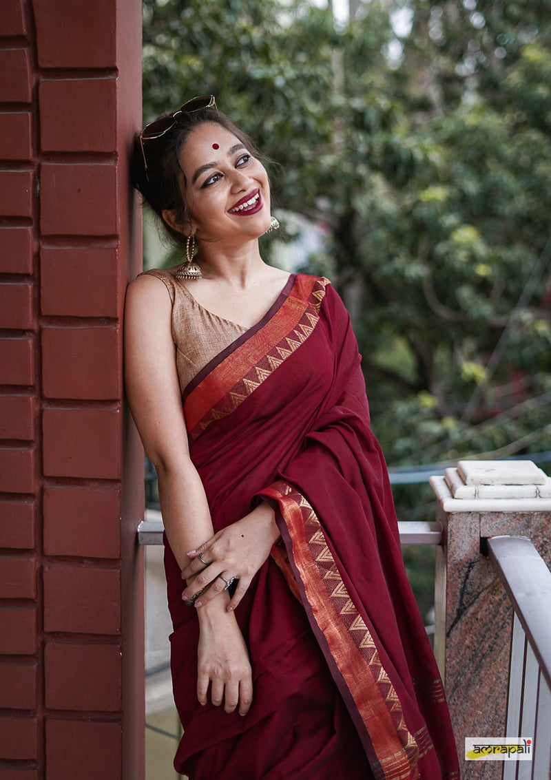 Maroon Cotton saree with Woven Gold Temple Border