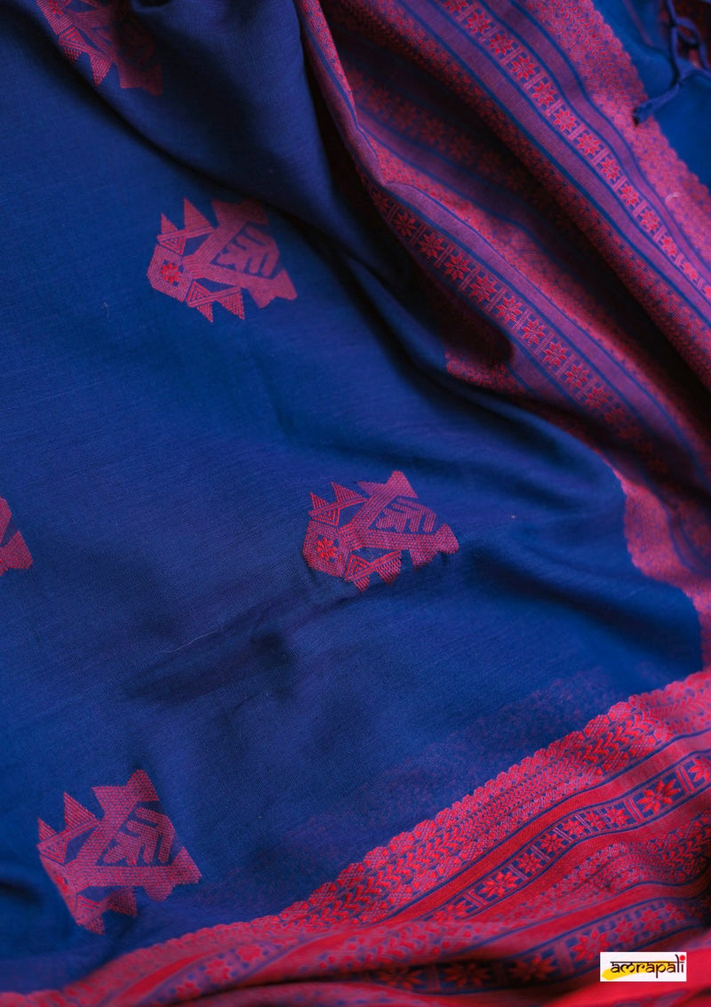 Handwoven Pure Mercerised Cotton with Manipuri Pattern Threadwork - Dark Blue