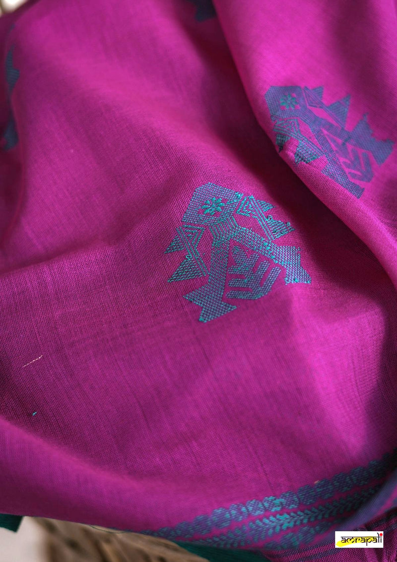 Handwoven Pure Mercerised Cotton with Manipuri Pattern Threadwork - Magenta