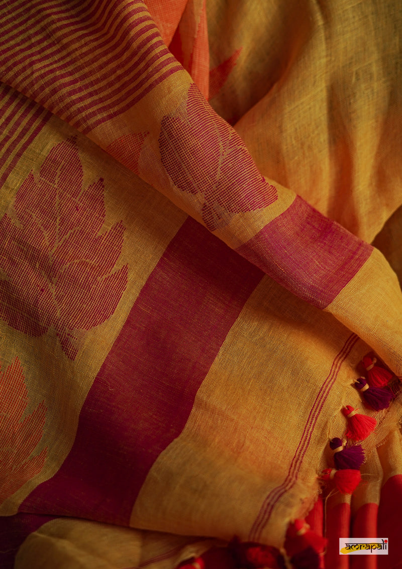 Handwoven Pure Linen with Temple Border and Leaf Motif