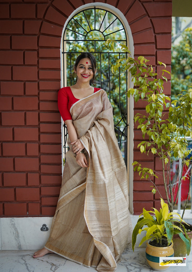 Pure Tussar with Gold Zari Pinstripes