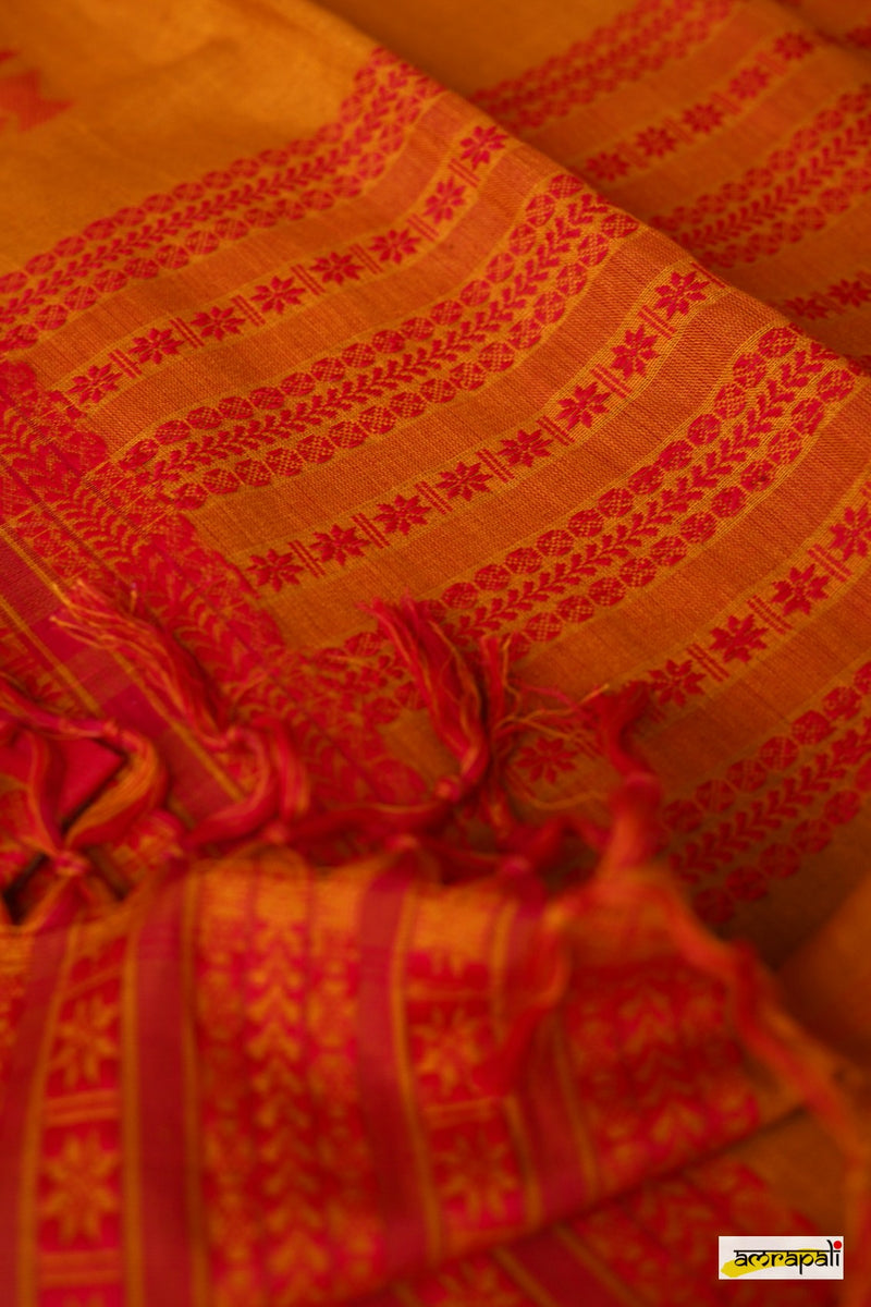Handwoven Pure Mercerised Cotton with Manipuri Pattern Threadwork - yellow