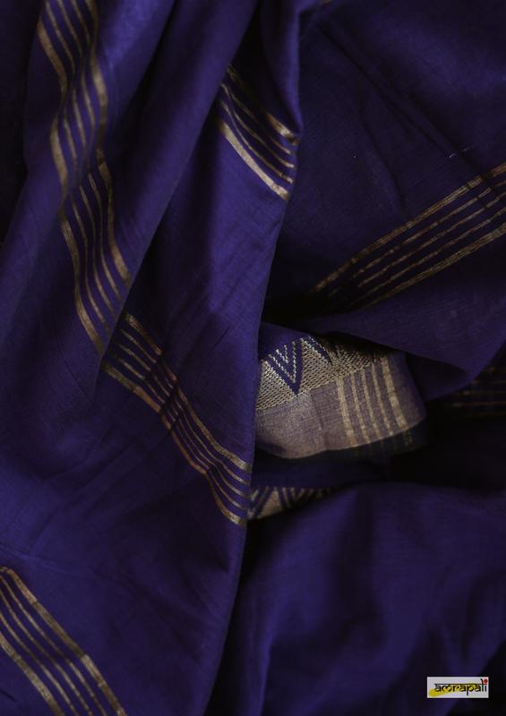 Blue Cotton Saree with Woven Gold Temple Border