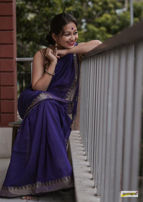 Blue Cotton Saree with Woven Gold Temple Border