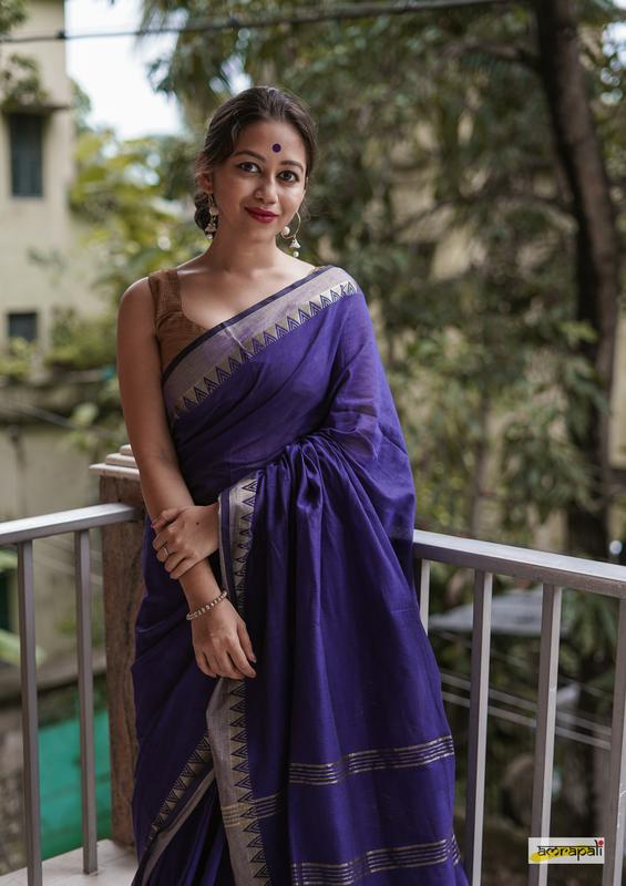 Blue Cotton Saree with Woven Gold Temple Border