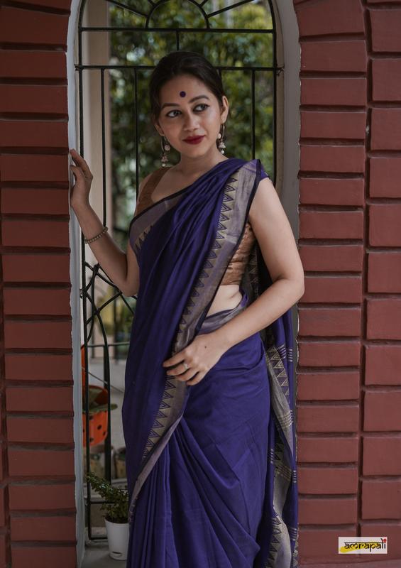 Blue Cotton Saree with Woven Gold Temple Border