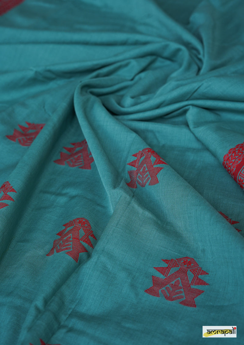 Handwoven Pure Mercerised Cotton with Manipuri Pattern Threadwork - Teal