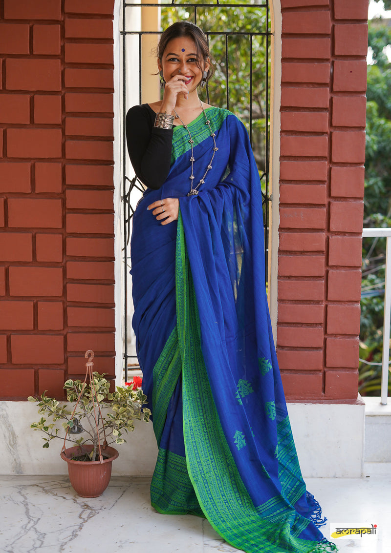 Handwoven Pure Mercerised Cotton with Manipuri Pattern Threadwork - Royal Blue