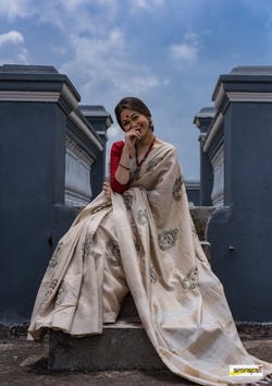 Handwoven Pure Tussar with Embroidered Kalamkari Face Motifs