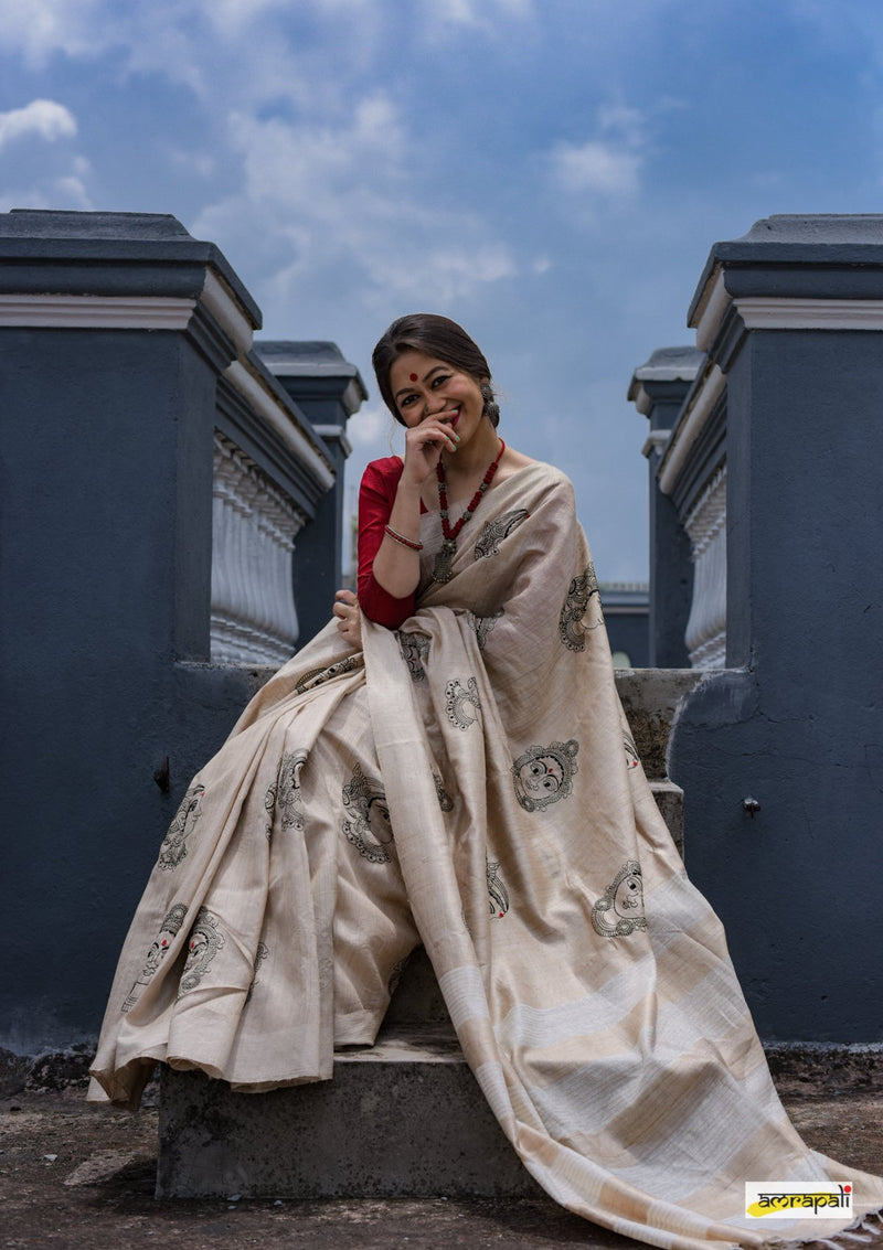 Handwoven Pure Tussar with Embroidered Kalamkari Face Motifs
