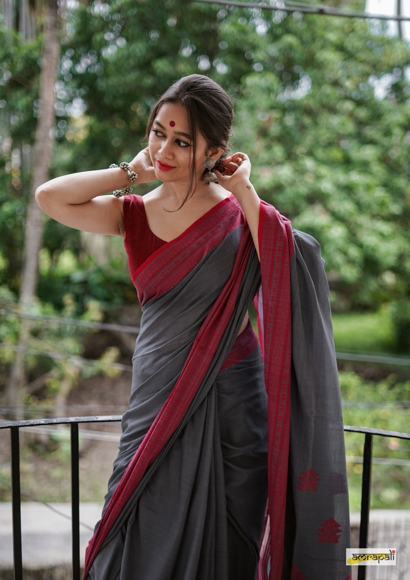 Handwoven Pure Mercerised Cotton with Manipuri Pattern Threadwork - Charcoal grey