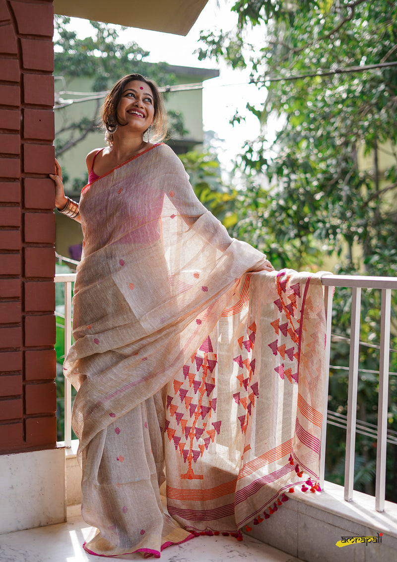 Pure Linen with Polka Buti and Tree Motif