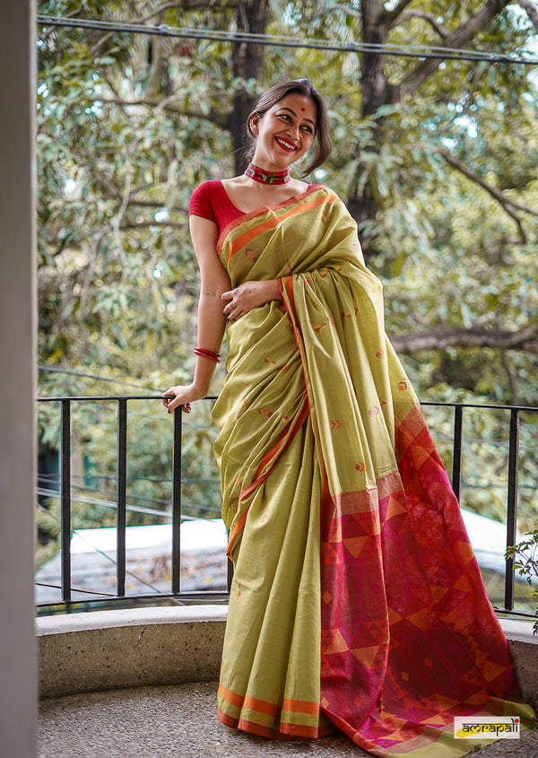 Pure Handwoven Tussar Noil Silk with Resham Threadwork