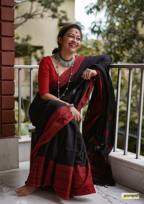 Handwoven Pure Mercerised Cotton with Manipuri Pattern Threadwork - Black