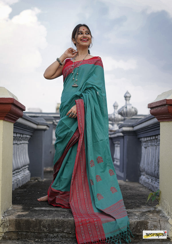 Handwoven Pure Mercerised Cotton with Manipuri Pattern Threadwork - Teal