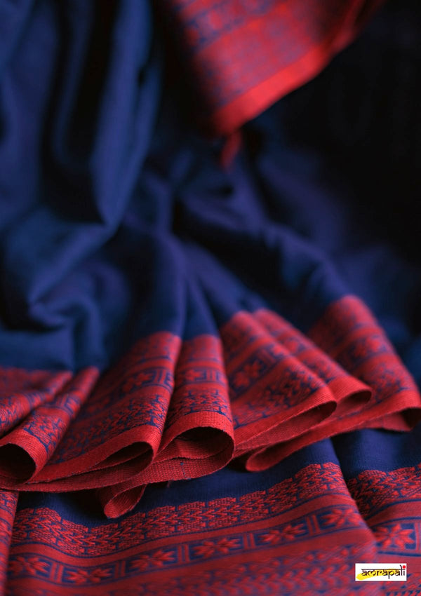 Handwoven Pure Mercerised Cotton with Manipuri Pattern Threadwork - Dark Blue