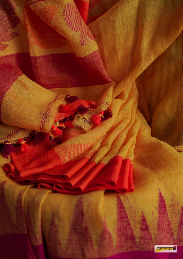 Handwoven Pure Linen with Temple Border and Leaf Motif