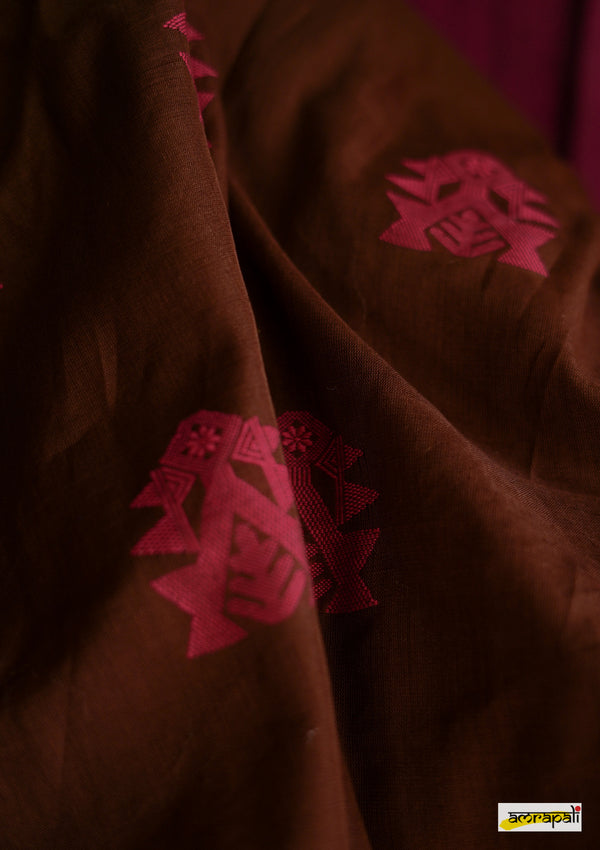 Handwoven Pure Mercerised Cotton with Manipuri Pattern Threadwork - Dark Brown