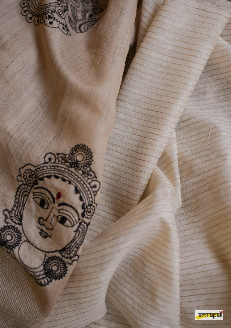 Handwoven Pure Tussar with Embroidered Kalamkari Face Motifs