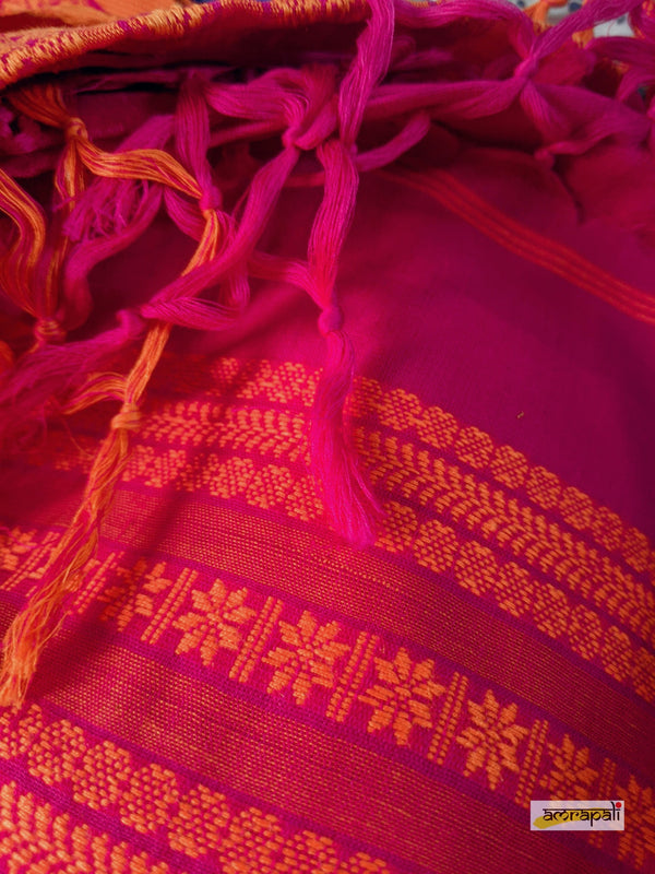 Handwoven Pure Mercerised Cotton with Manipuri Pattern Threadwork - Pink