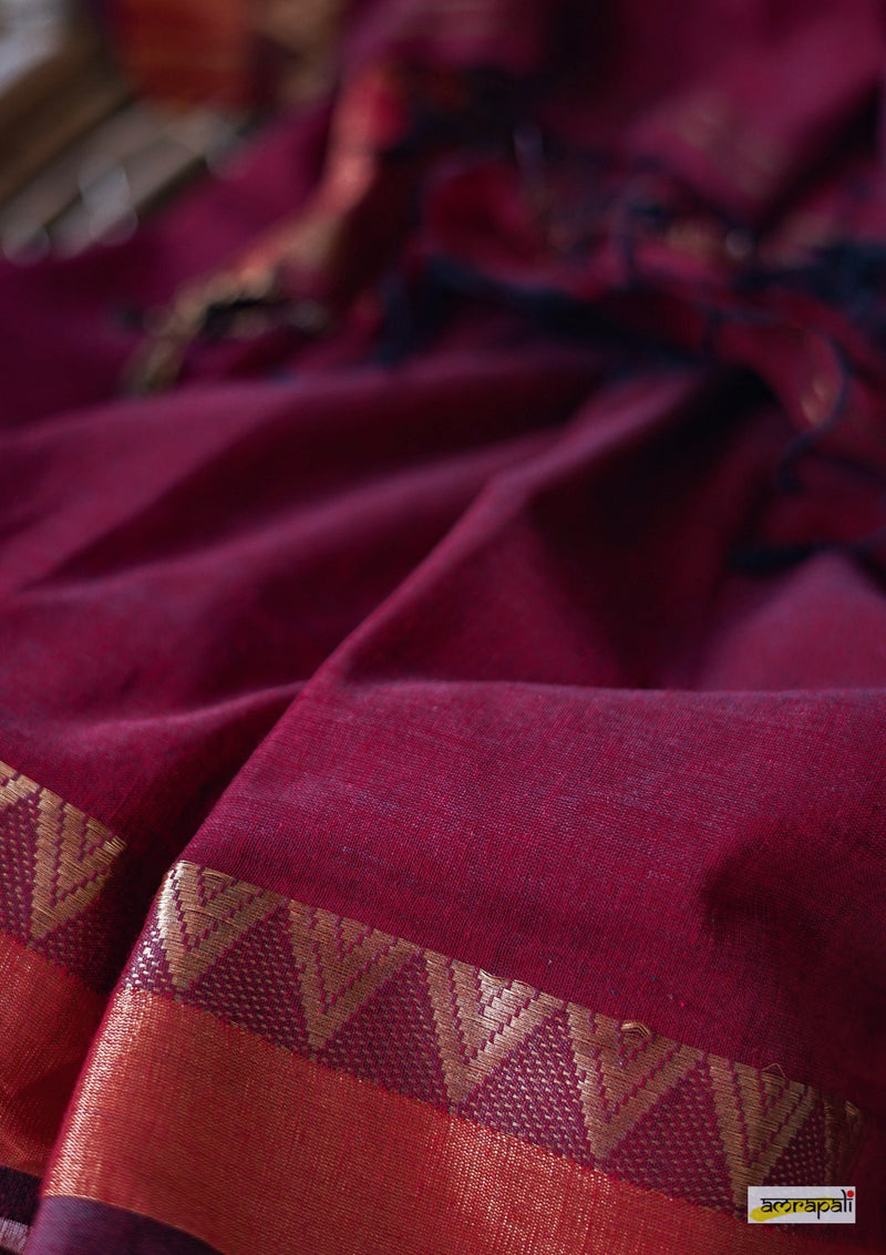 Maroon Cotton saree with Woven Gold Temple Border