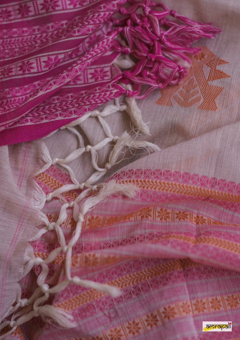 Handwoven Pure Mercerised Cotton with Manipuri Pattern Threadwork - Greige