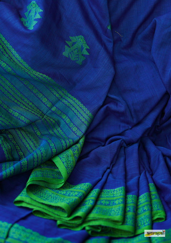 Handwoven Pure Mercerised Cotton with Manipuri Pattern Threadwork - Royal Blue