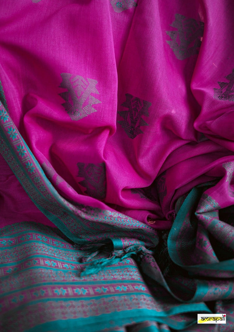 Handwoven Pure Mercerised Cotton with Manipuri Pattern Threadwork - Magenta