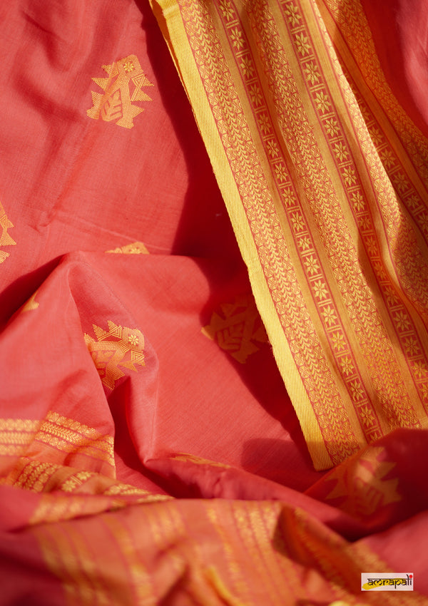 Handwoven Pure Mercerised Cotton with Manipuri Pattern Threadwork - Peach