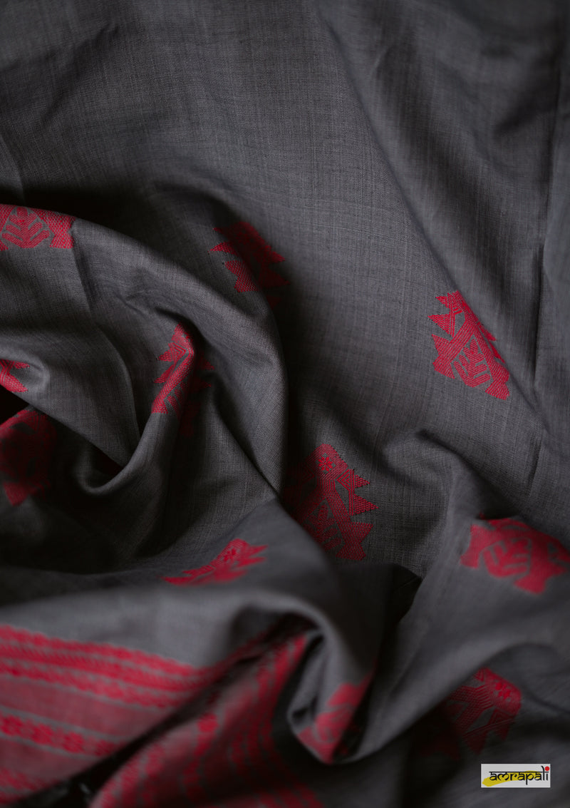Handwoven Pure Mercerised Cotton with Manipuri Pattern Threadwork - Charcoal grey