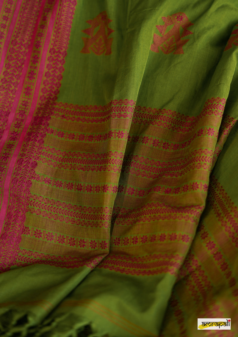 Handwoven Pure Mercerised Cotton with Manipuri Pattern Threadwork - Green